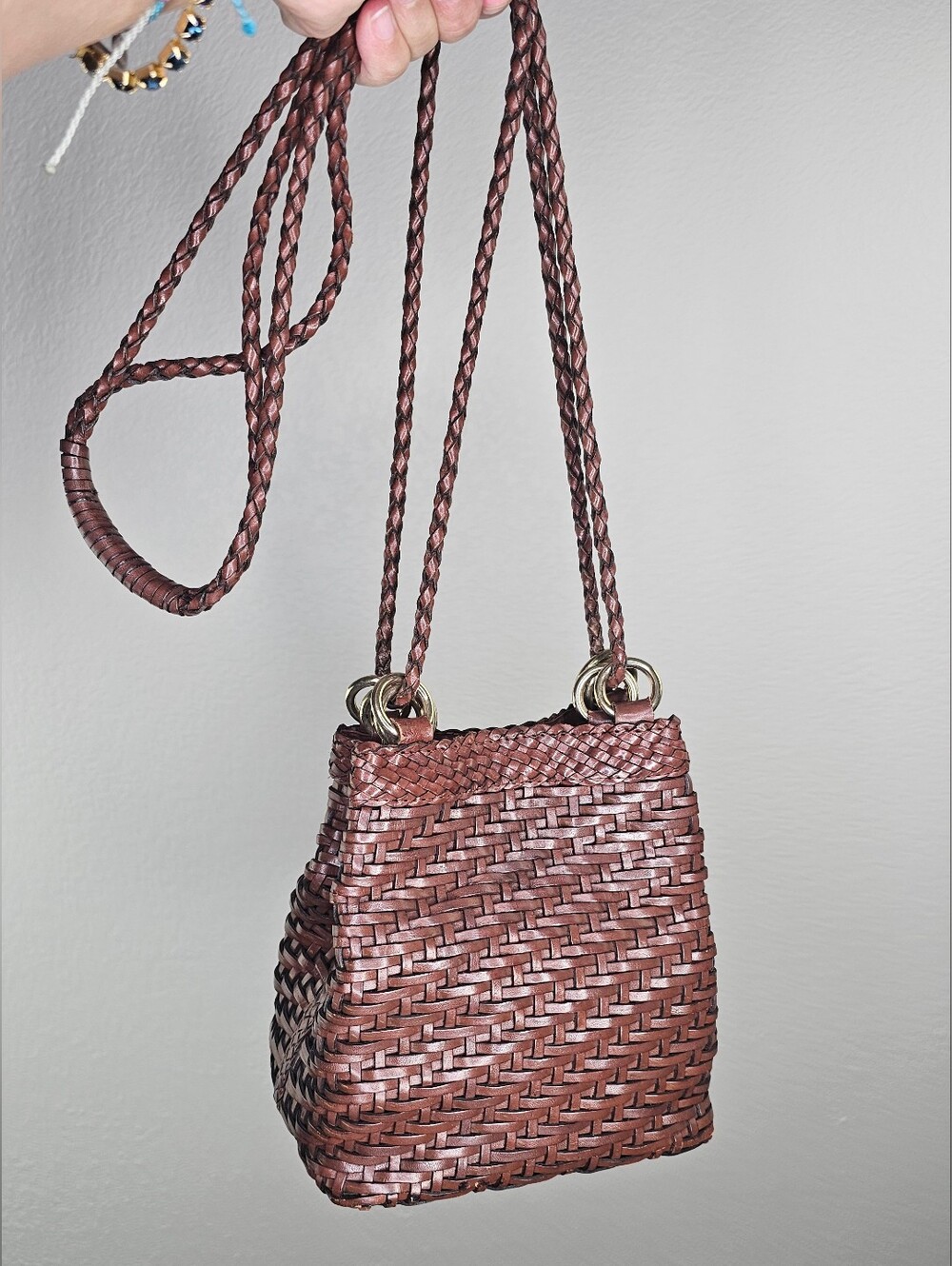 LJS Collection vintage woven brown leather shoulder bag